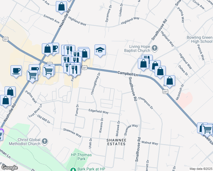 map of restaurants, bars, coffee shops, grocery stores, and more near 2426 Thoroughbred Drive in Bowling Green