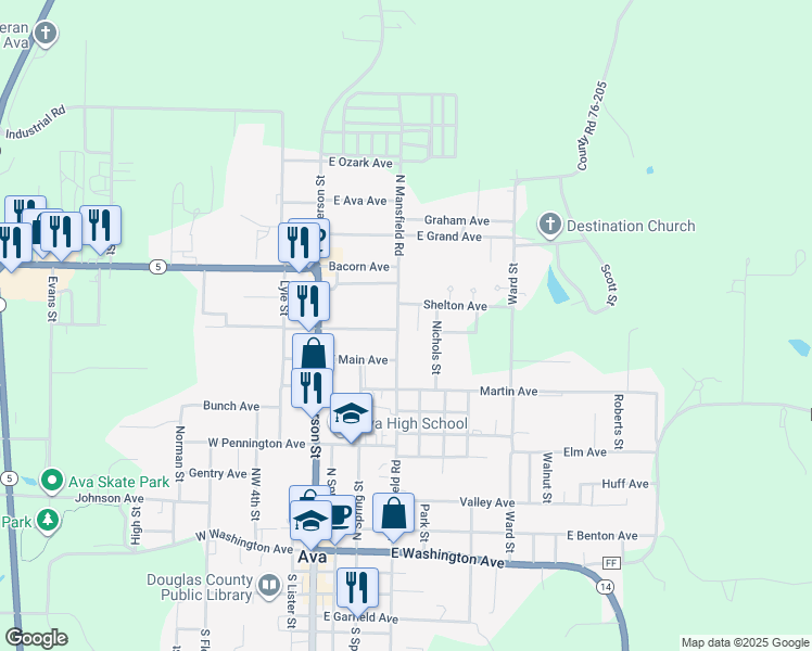 map of restaurants, bars, coffee shops, grocery stores, and more near 1000 Park Street in Ava
