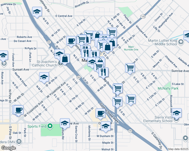map of restaurants, bars, coffee shops, grocery stores, and more near in Madera