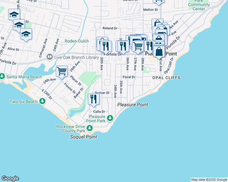 map of restaurants, bars, coffee shops, grocery stores, and more near 540 34th Avenue in Santa Cruz