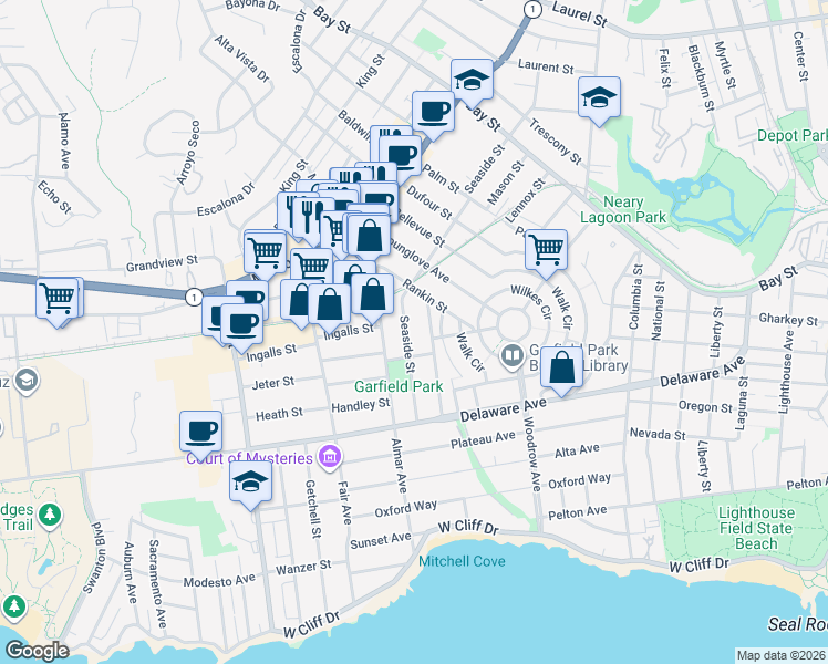 map of restaurants, bars, coffee shops, grocery stores, and more near 240 Surfside Avenue in Santa Cruz