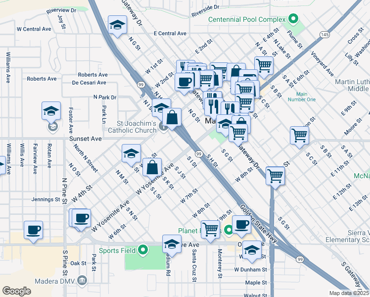 map of restaurants, bars, coffee shops, grocery stores, and more near 209 West Yosemite Avenue in Madera