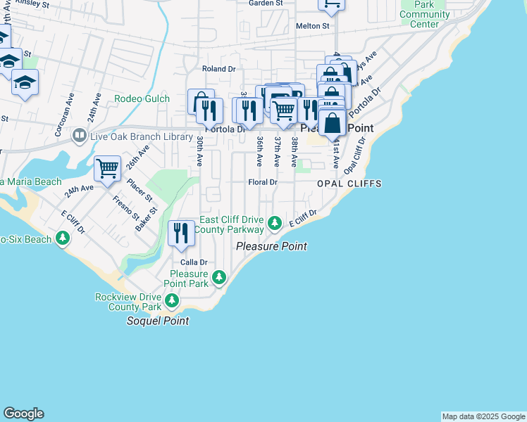 map of restaurants, bars, coffee shops, grocery stores, and more near 500 36th Avenue in Santa Cruz