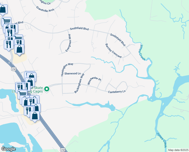 map of restaurants, bars, coffee shops, grocery stores, and more near 211 Winchester Place in Smithfield