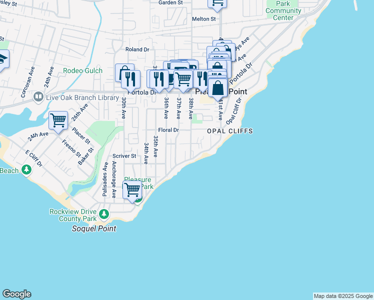 map of restaurants, bars, coffee shops, grocery stores, and more near 465 38th Avenue in Santa Cruz