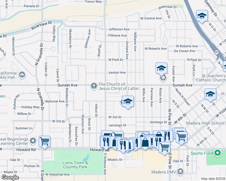 map of restaurants, bars, coffee shops, grocery stores, and more near 1912 Sunset Avenue in Madera