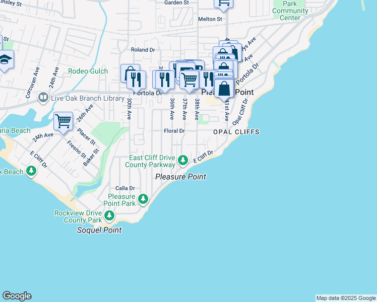 map of restaurants, bars, coffee shops, grocery stores, and more near 3715 Moana Way in Santa Cruz