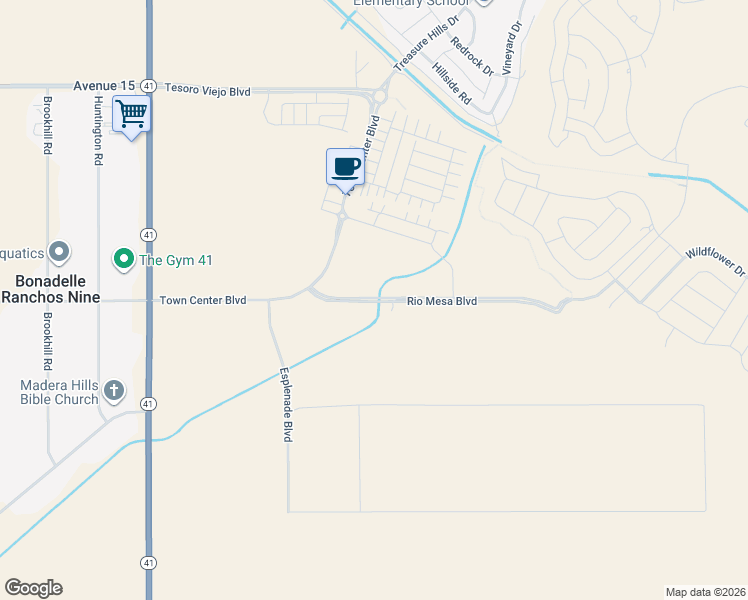 map of restaurants, bars, coffee shops, grocery stores, and more near 14099 Road 204 in Madera