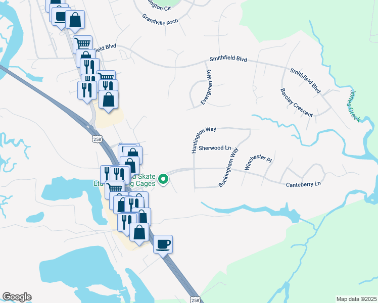 map of restaurants, bars, coffee shops, grocery stores, and more near 305 Huntington Way in Smithfield