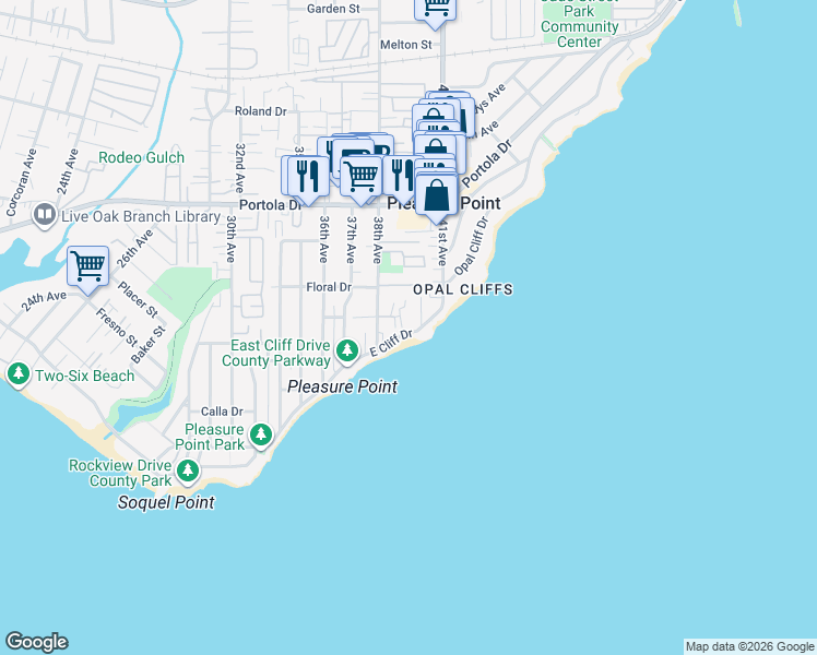 map of restaurants, bars, coffee shops, grocery stores, and more near 23925 East Cliff Drive in Santa Cruz