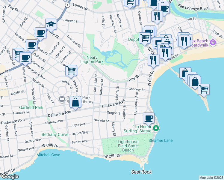 map of restaurants, bars, coffee shops, grocery stores, and more near 604 Centennial Street in Santa Cruz
