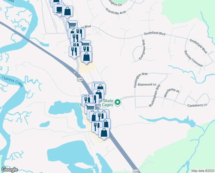 map of restaurants, bars, coffee shops, grocery stores, and more near 110 Cattail Lane in Smithfield