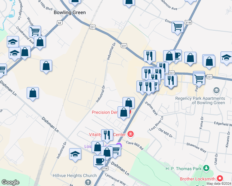 map of restaurants, bars, coffee shops, grocery stores, and more near 532 Nathans Rim Way in Bowling Green