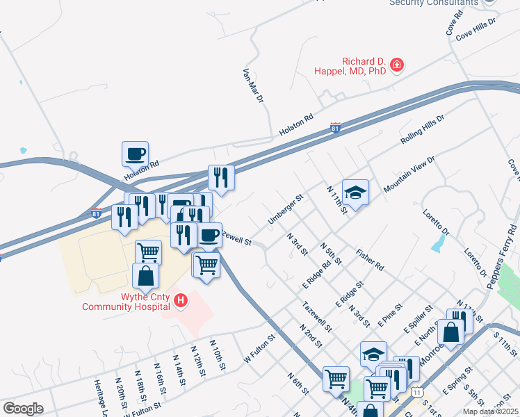 map of restaurants, bars, coffee shops, grocery stores, and more near 1295 North 3rd Street in Wytheville
