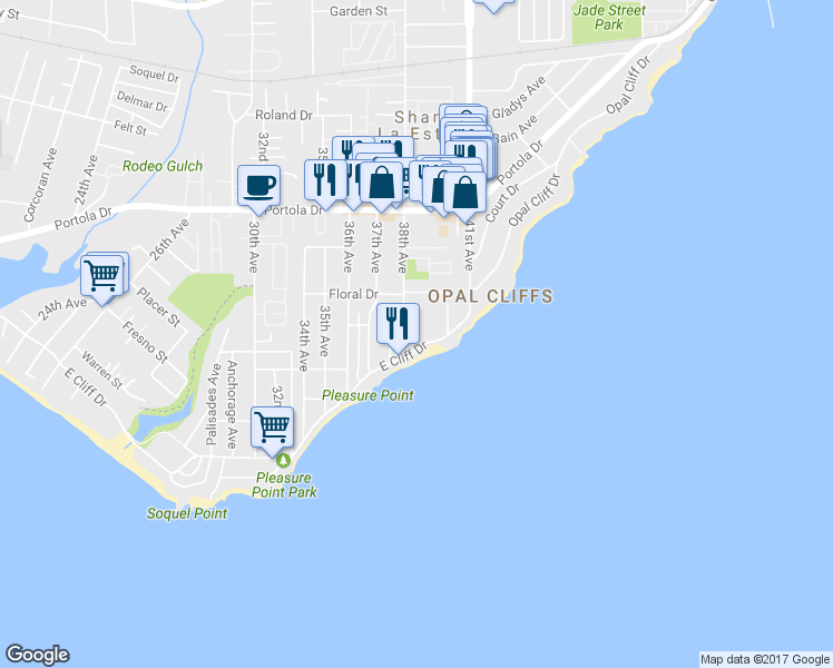 map of restaurants, bars, coffee shops, grocery stores, and more near 3836 Moana Way in Santa Cruz