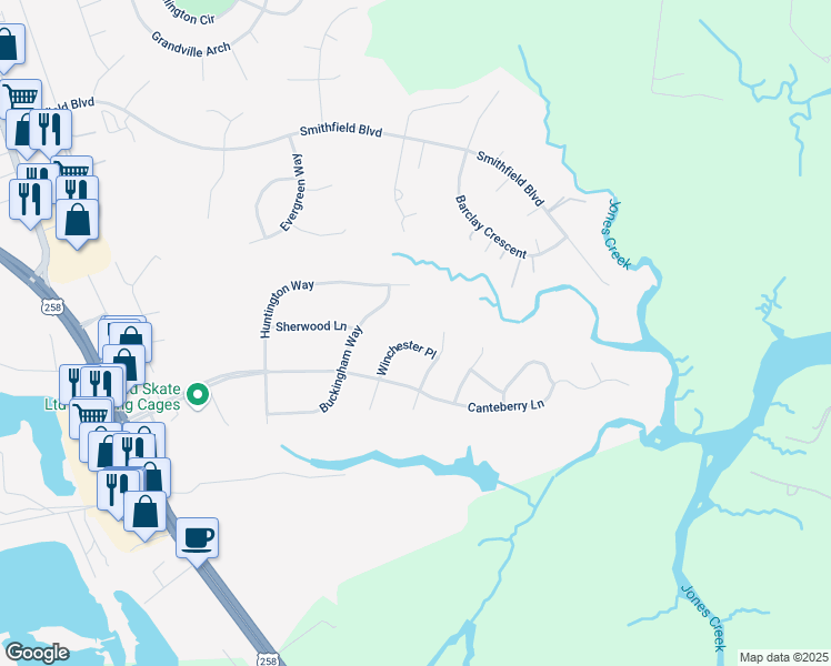 map of restaurants, bars, coffee shops, grocery stores, and more near 211 Winchester Place in Smithfield