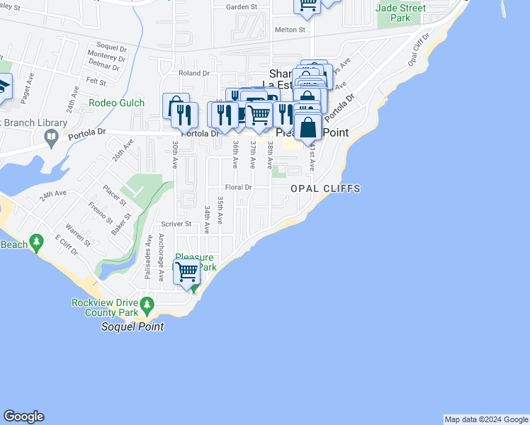 map of restaurants, bars, coffee shops, grocery stores, and more near 469 38th Avenue in Santa Cruz