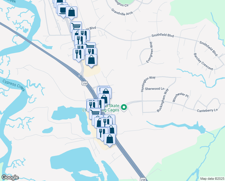 map of restaurants, bars, coffee shops, grocery stores, and more near 110 Cattail Lane in Smithfield