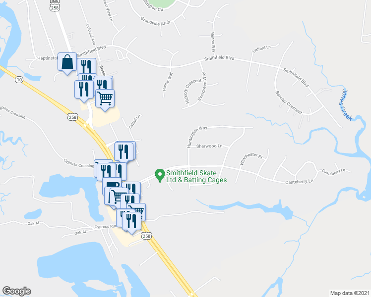 map of restaurants, bars, coffee shops, grocery stores, and more near 305 Huntington Way in Smithfield