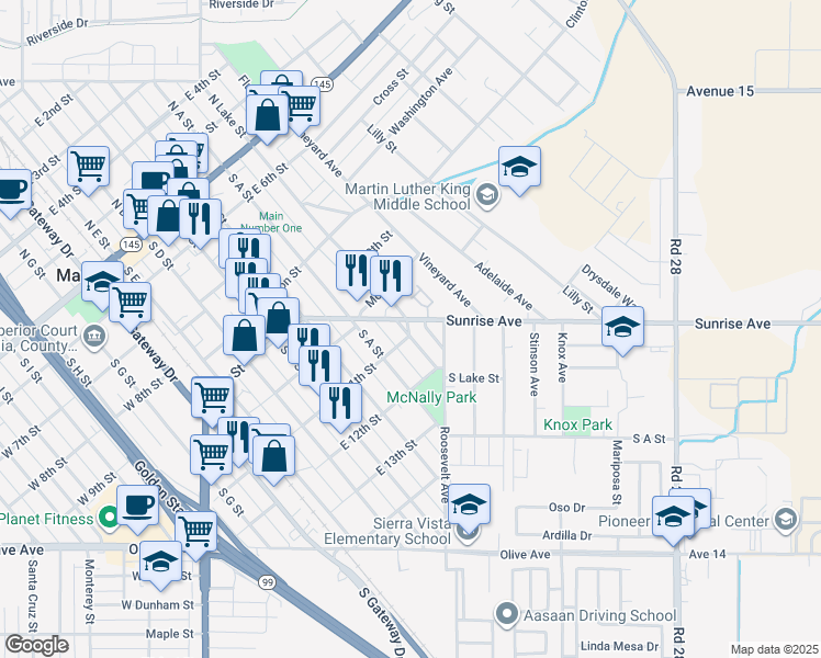 map of restaurants, bars, coffee shops, grocery stores, and more near 630 Sunrise Avenue in Madera