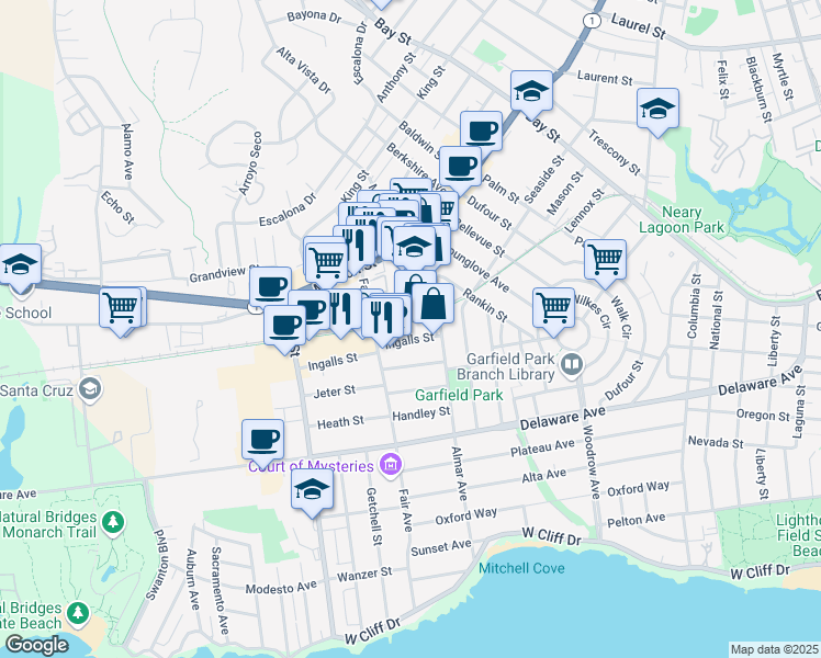 map of restaurants, bars, coffee shops, grocery stores, and more near 815-2 Ingalls Street in Santa Cruz
