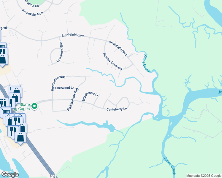 map of restaurants, bars, coffee shops, grocery stores, and more near 209 Manchester Court in Smithfield