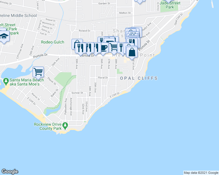 map of restaurants, bars, coffee shops, grocery stores, and more near 3715 Moana Way in Santa Cruz