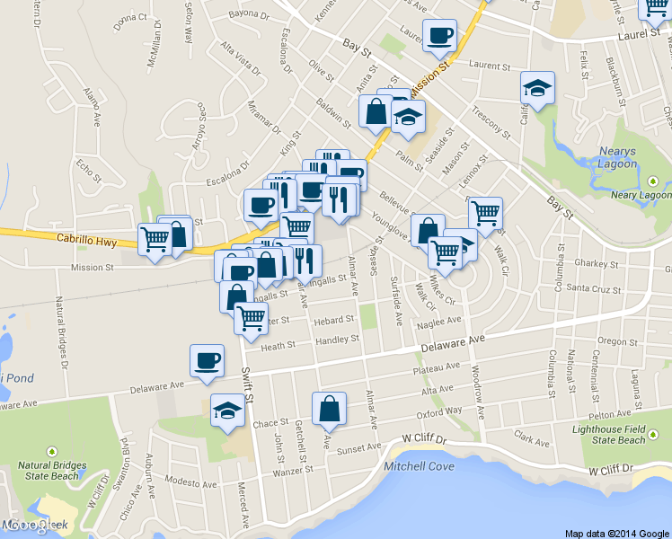 map of restaurants, bars, coffee shops, grocery stores, and more near 815-2 Ingalls Street in Santa Cruz