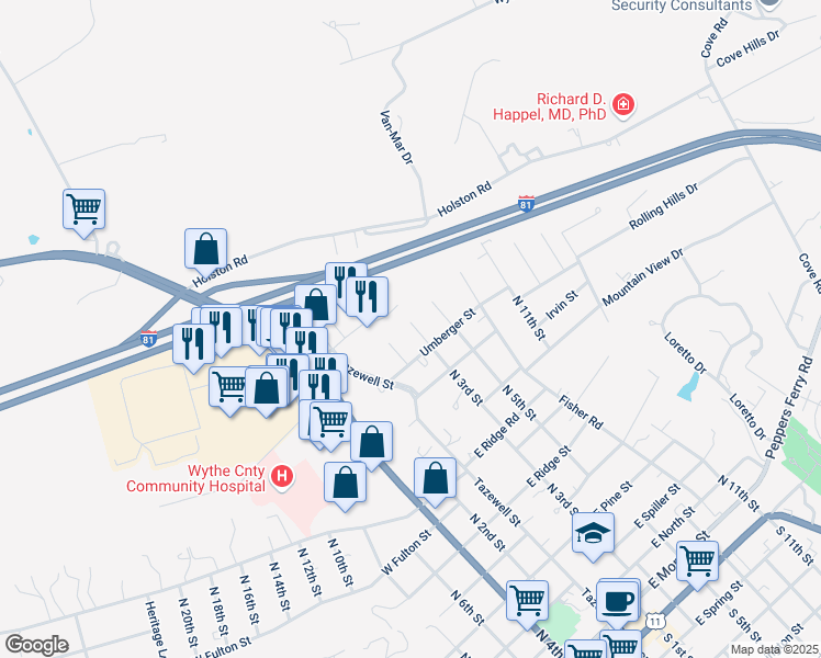 map of restaurants, bars, coffee shops, grocery stores, and more near 1295 North 3rd Street in Wytheville