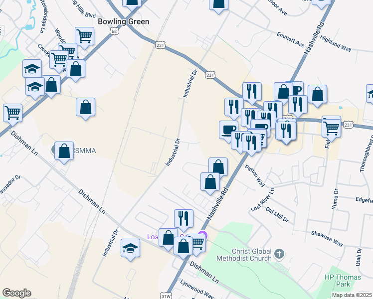 map of restaurants, bars, coffee shops, grocery stores, and more near 532 Nathans Rim Way in Bowling Green