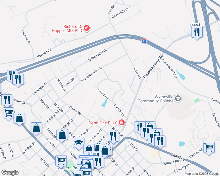 map of restaurants, bars, coffee shops, grocery stores, and more near Lorreto Dr in Wytheville
