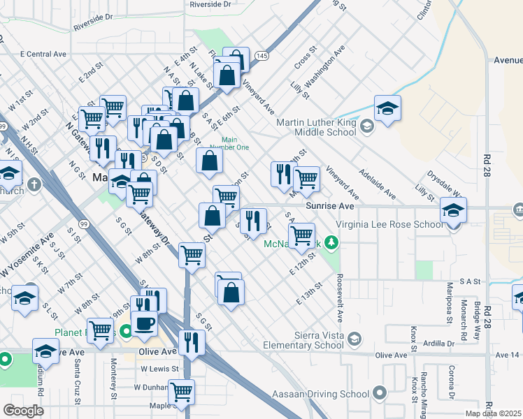 map of restaurants, bars, coffee shops, grocery stores, and more near 501 South B Street in Madera