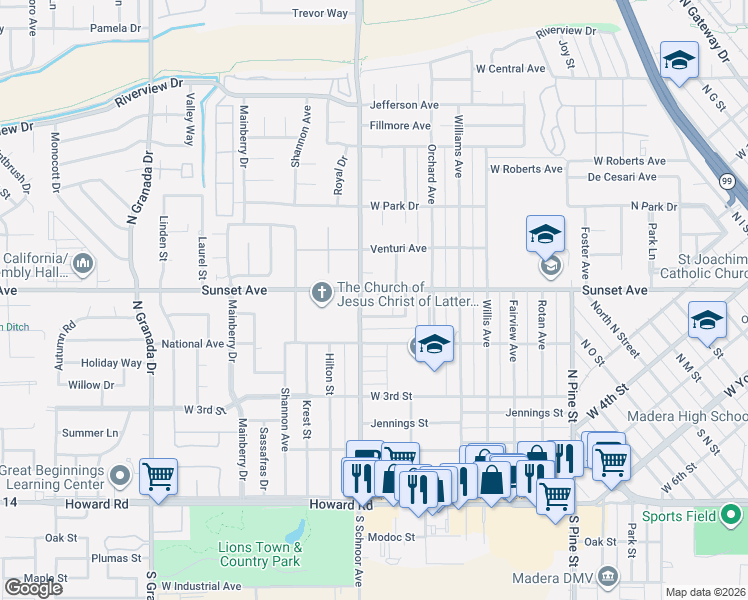 map of restaurants, bars, coffee shops, grocery stores, and more near 1912 Sunset Ave in Madera