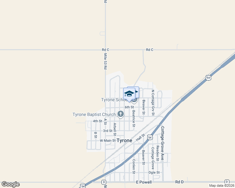 map of restaurants, bars, coffee shops, grocery stores, and more near 706 Arbell Street in Tyrone