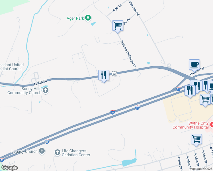 map of restaurants, bars, coffee shops, grocery stores, and more near 2355 North 4th Street in Wytheville
