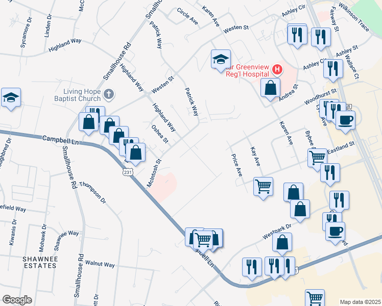map of restaurants, bars, coffee shops, grocery stores, and more near 1816 Highland Way in Bowling Green