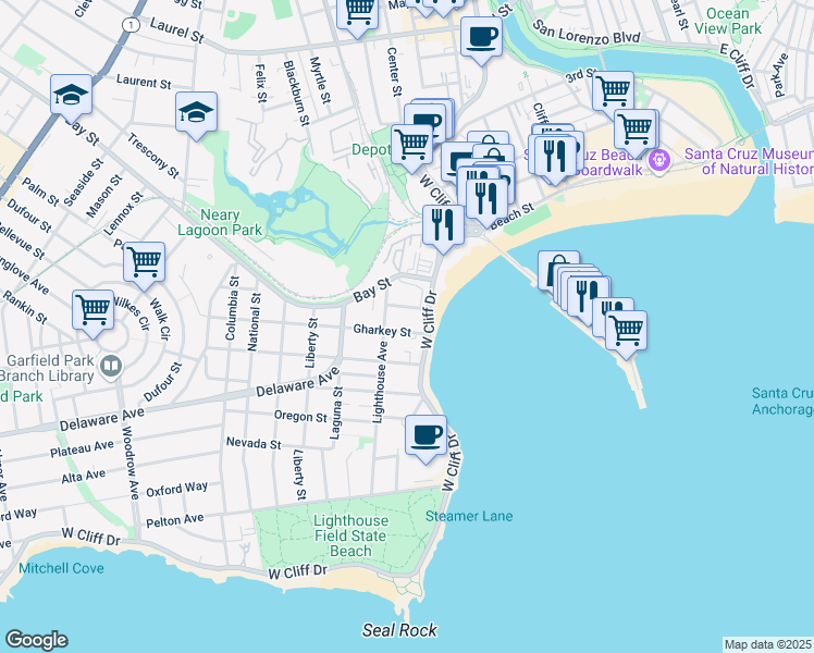 map of restaurants, bars, coffee shops, grocery stores, and more near 116 Gharkey Street in Santa Cruz