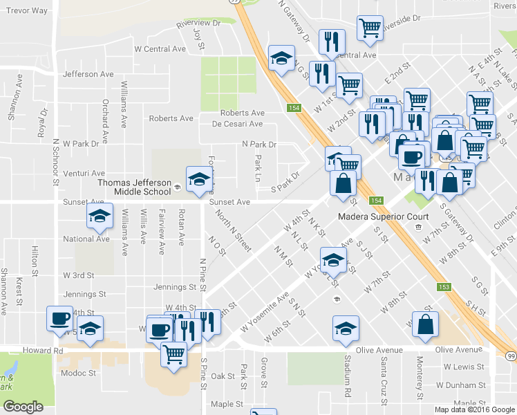 map of restaurants, bars, coffee shops, grocery stores, and more near 308 Sunset Avenue in Madera