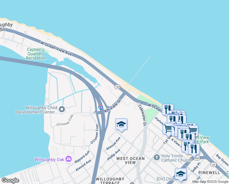 map of restaurants, bars, coffee shops, grocery stores, and more near 430 willoughby Bay Avenue in Norfolk