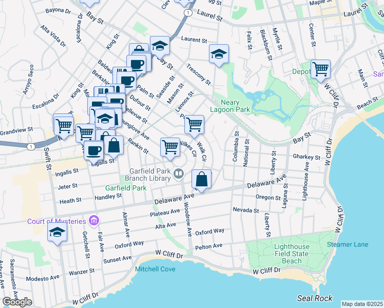 map of restaurants, bars, coffee shops, grocery stores, and more near 227 Wilkes Circle in Santa Cruz