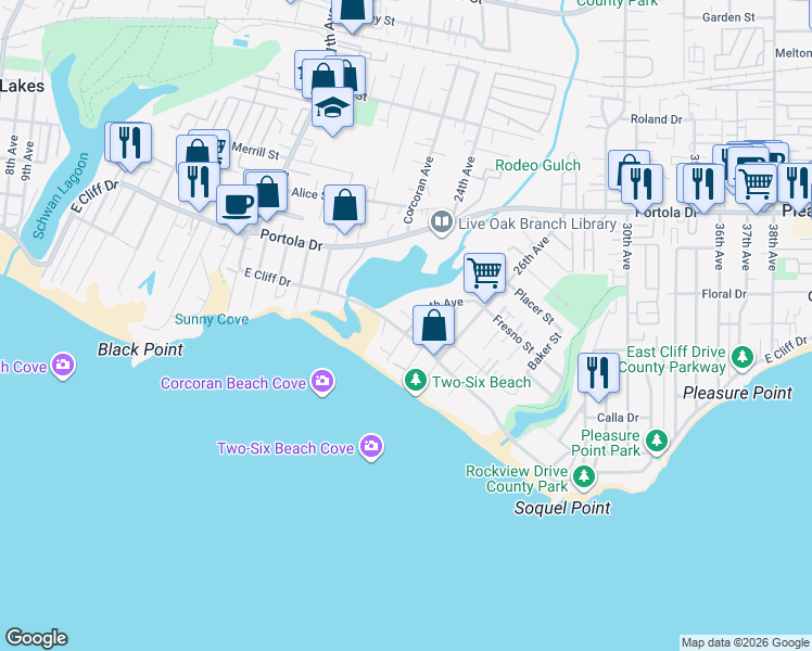 map of restaurants, bars, coffee shops, grocery stores, and more near 2360 Melanie Place in Santa Cruz