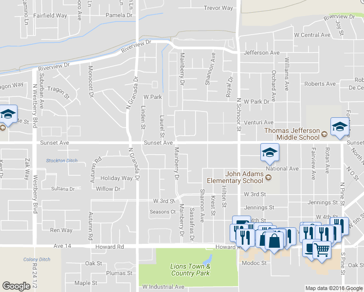 map of restaurants, bars, coffee shops, grocery stores, and more near 2320 Sunset Avenue in Madera