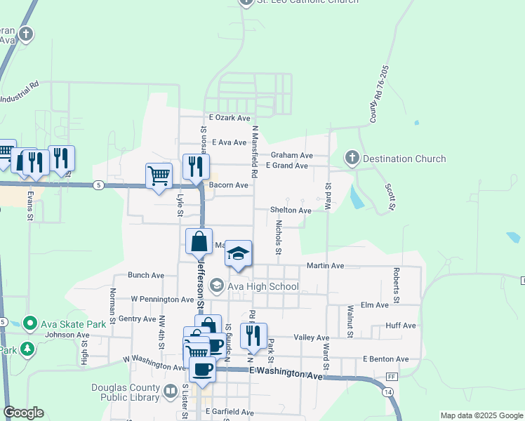 map of restaurants, bars, coffee shops, grocery stores, and more near 1000 Park Street in Ava