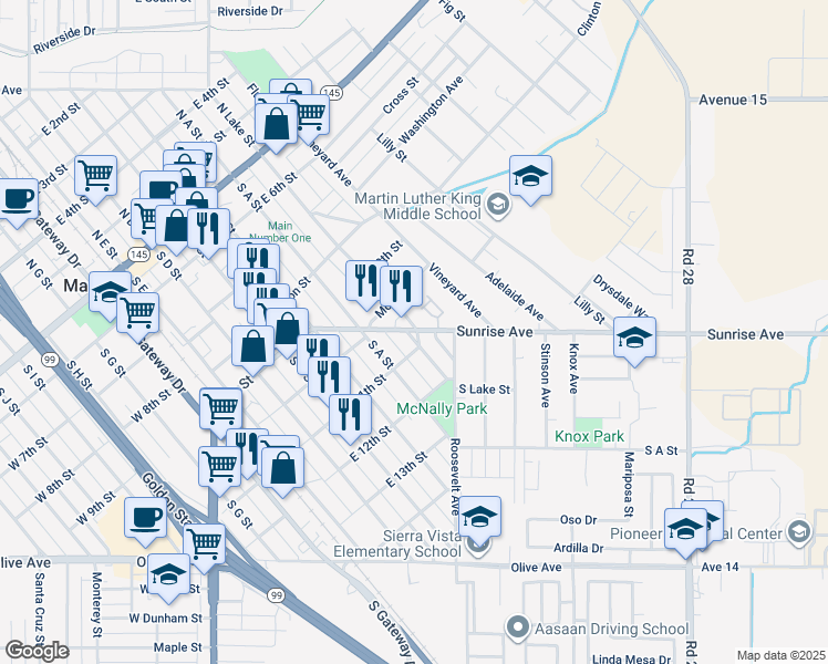 map of restaurants, bars, coffee shops, grocery stores, and more near 630 Sunrise Avenue in Madera