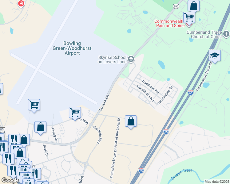 map of restaurants, bars, coffee shops, grocery stores, and more near Lovers Lane in Bowling Green