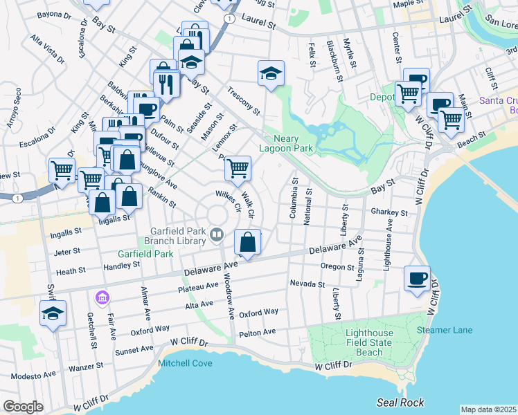 map of restaurants, bars, coffee shops, grocery stores, and more near 231 Dufour Street in Santa Cruz