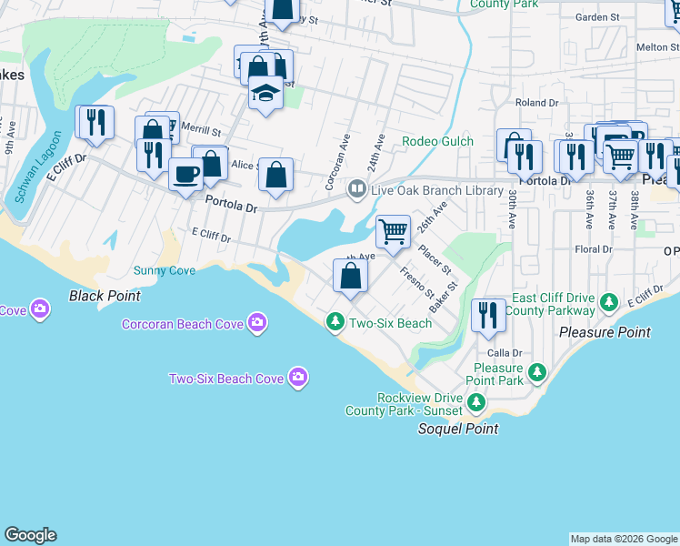 map of restaurants, bars, coffee shops, grocery stores, and more near 236 24th Avenue in Santa Cruz