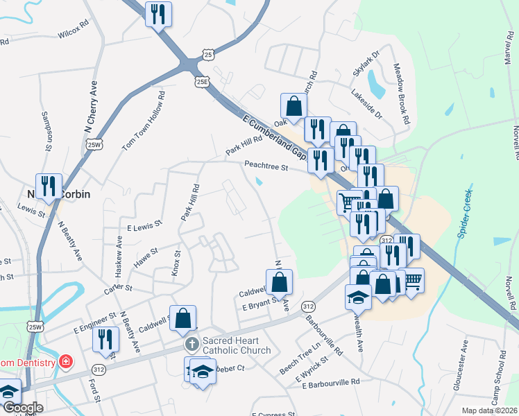 map of restaurants, bars, coffee shops, grocery stores, and more near 811 North Hancock Avenue in Corbin