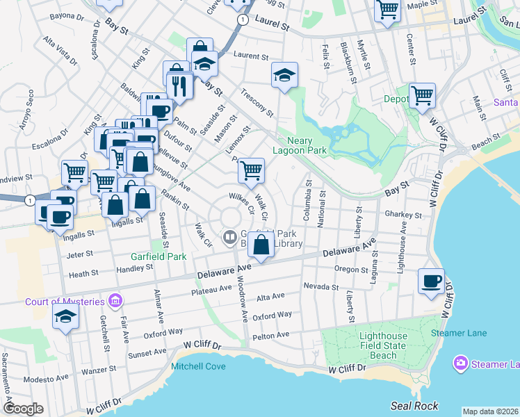 map of restaurants, bars, coffee shops, grocery stores, and more near 235 Walk Circle in Santa Cruz