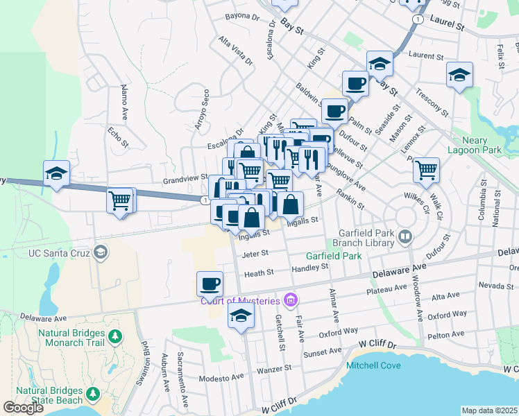 map of restaurants, bars, coffee shops, grocery stores, and more near 125 McPherson St in Santa Cruz